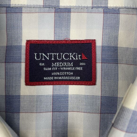 Untuckit  Men’s Long Sleeve Button Up Blue White Windowpane Plaid- M - Picture 4 of 9